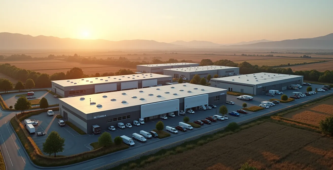 Vue aérienne d'une zone industrielle moderne avec entrepôts et espaces logistiques